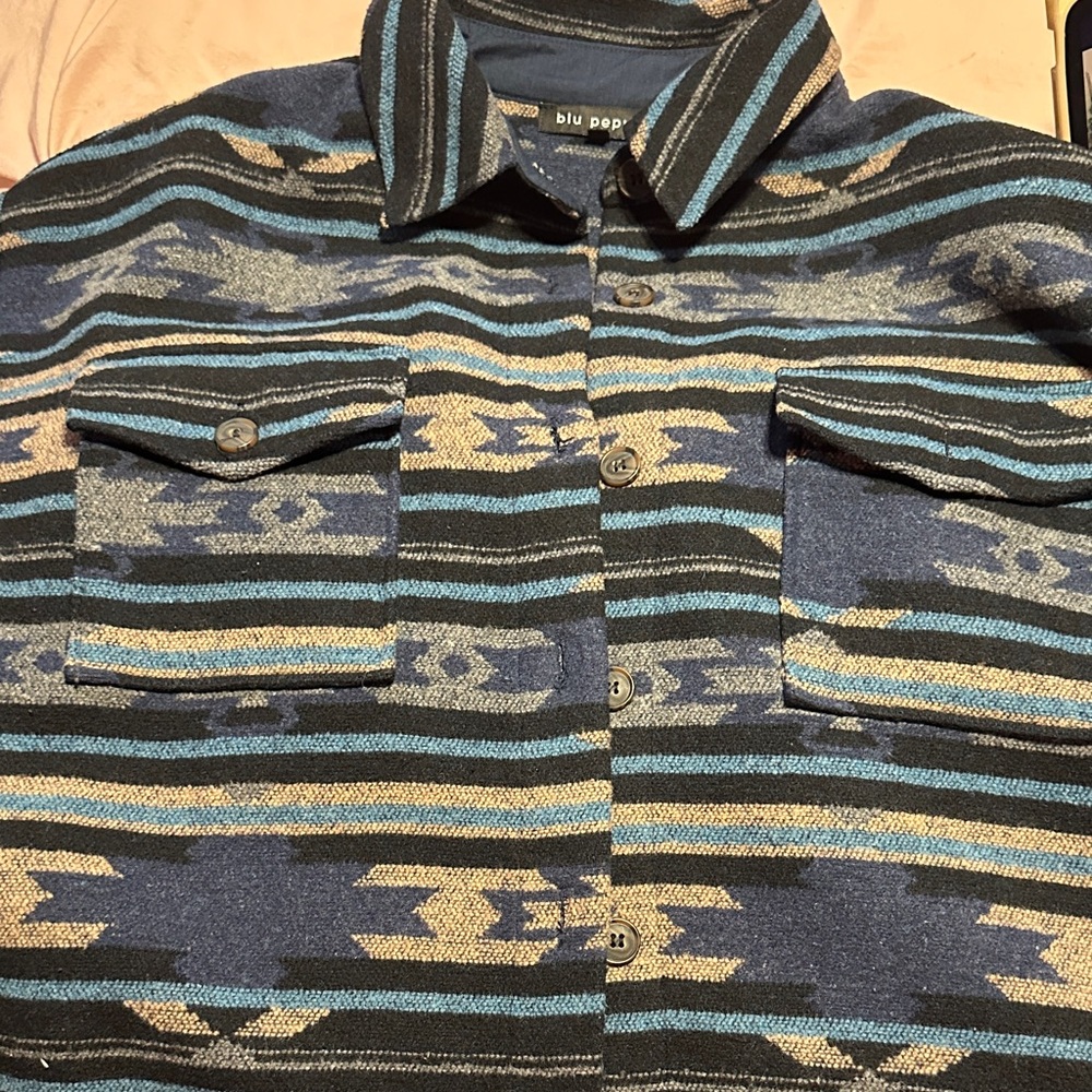 Blu Pepper Aztec Stripe Button-Up Shirt in Navy, Teal & Tan